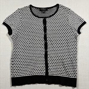 August Silk Womens Black White Textured Short Sleeve Button Front Cardigan Top M